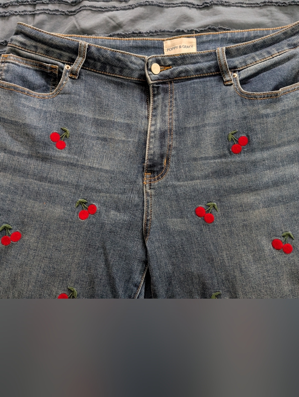 Embroidered Cherry Denim Jeans - Women's Blue